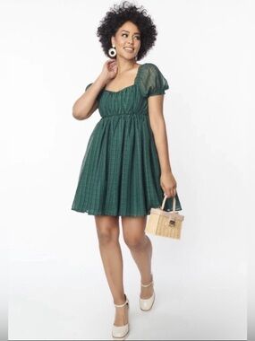NWT Unique vintage emerald green tartan plan babydoll dress 4 retro puff sleeve